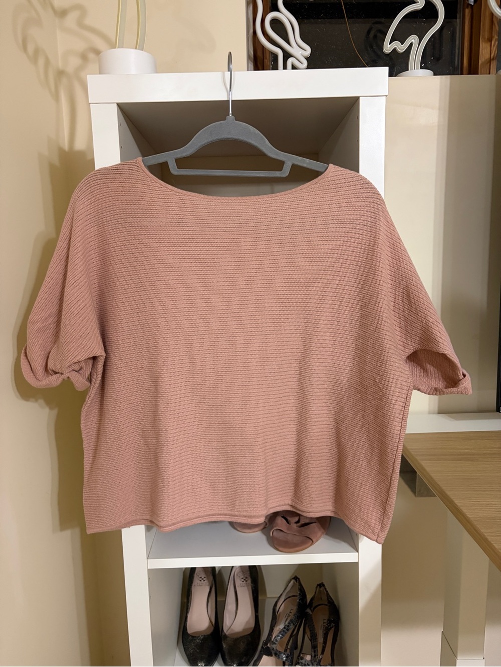 Kit and Ace Ribbed Short Dolman Sleeve wool/cotton blend sweater in Dusty Rose